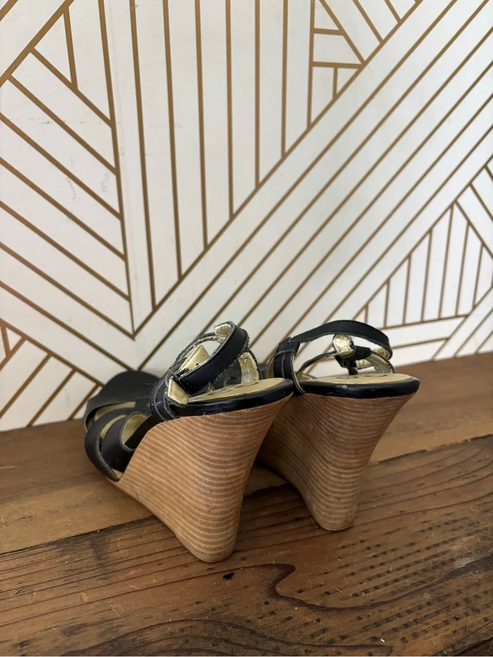 Seychelles Black and Gold Leather Wedge Sandals